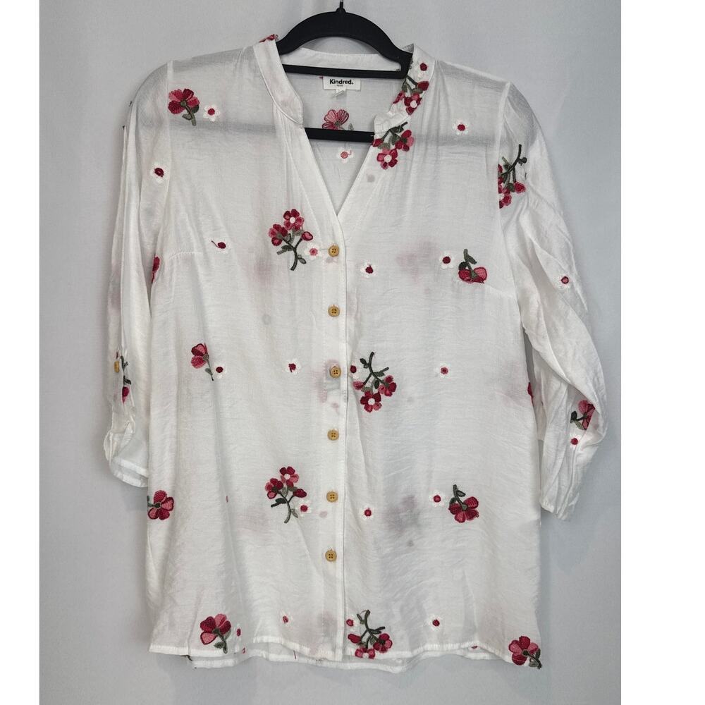 Kindred Petite White Floral Embroidered Blouse Sz PM Sheer Boho